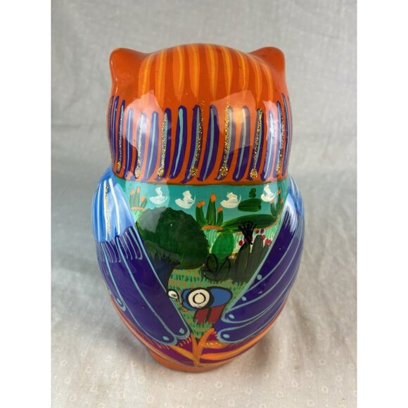Vintage Mexican Talavera Owl Coin Bank Hand Painted Folk Art Pottery Stopper - Picture 5 of 8
